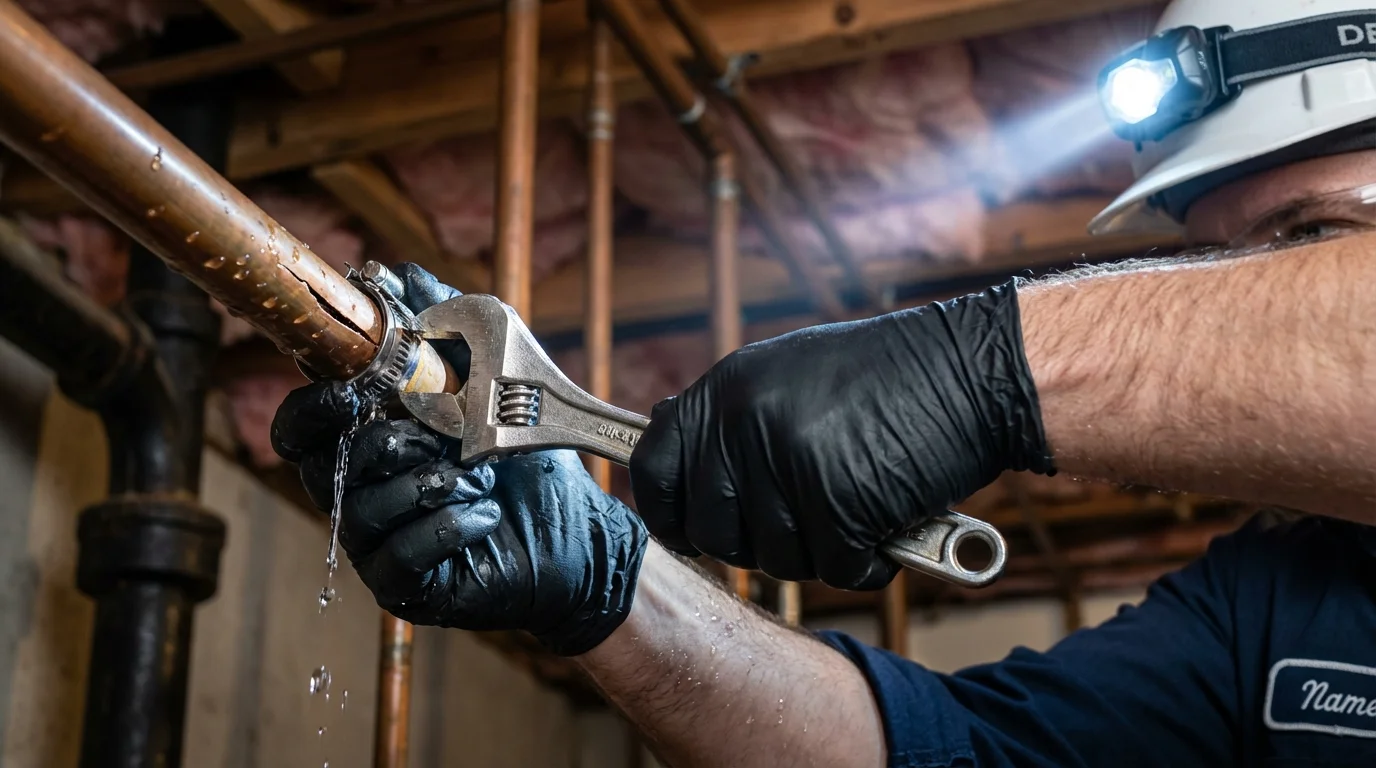 Emergency pipe clamp repair being performed by a Johns Plumbing LLC plumber in Antwerp