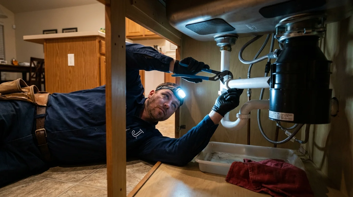 P-trap and supply line connections under a kitchen sink showing a common leak point in Antwerp, OH